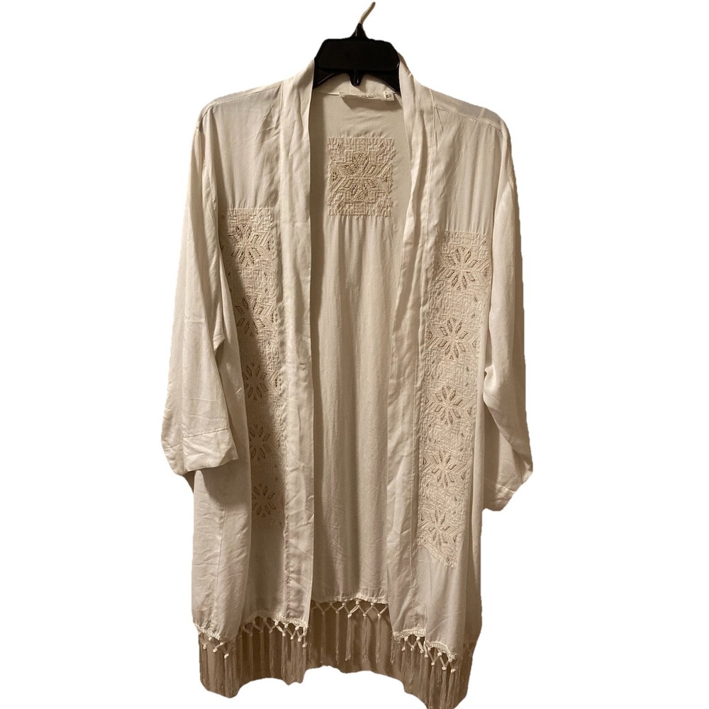 Solitaire Cream Embroidered Duster Kimono Open Fringe Boho Festival Sz 2X